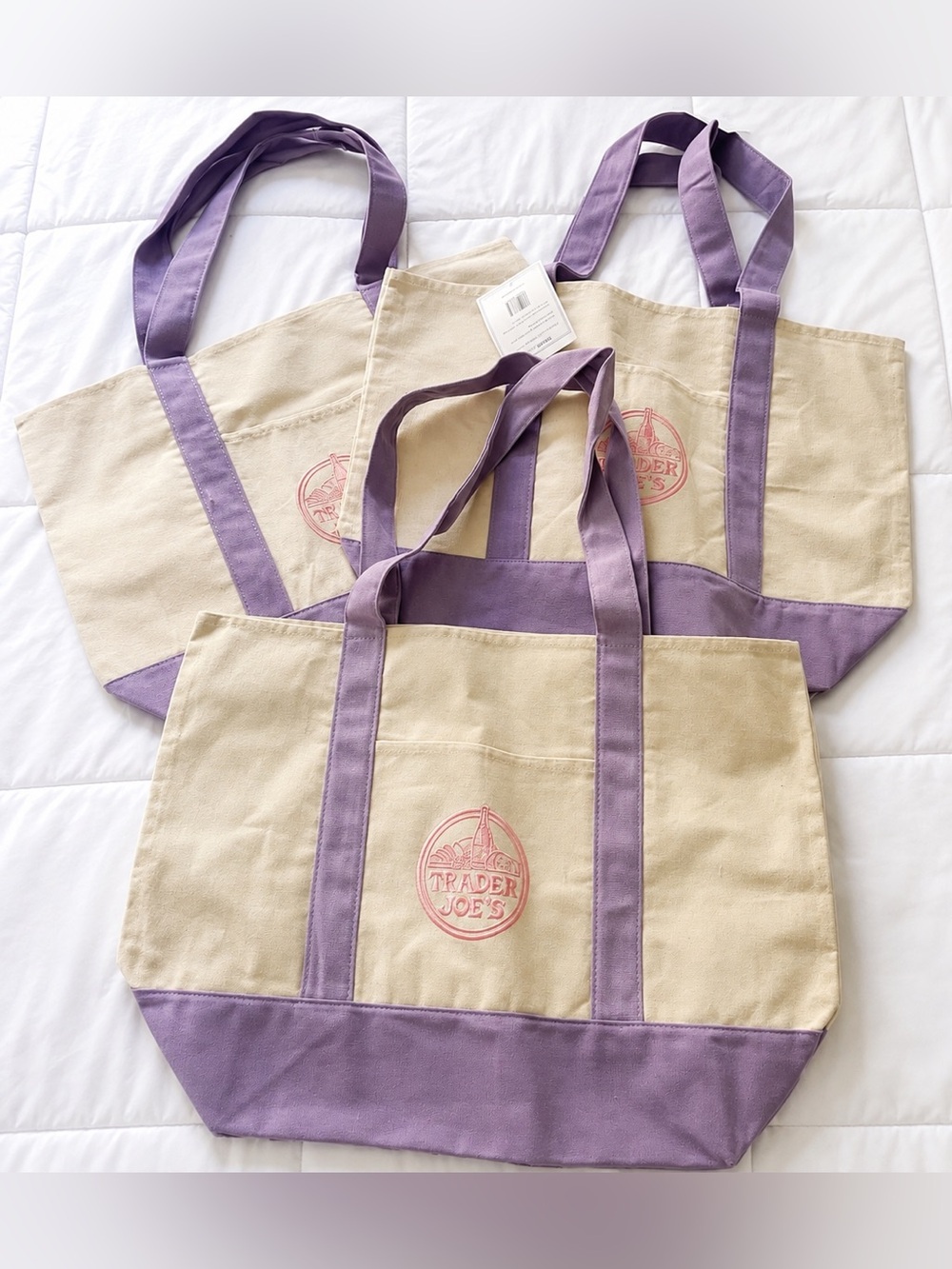 Trader Joe’s Canvas Tote Bags Set of 3 Lilac Pink NWT Full Size Viral Shopping